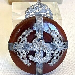 Vintage Red Jade Chinese Dragon Phoenix Pendant Miao-Style Metalwork Butterflies